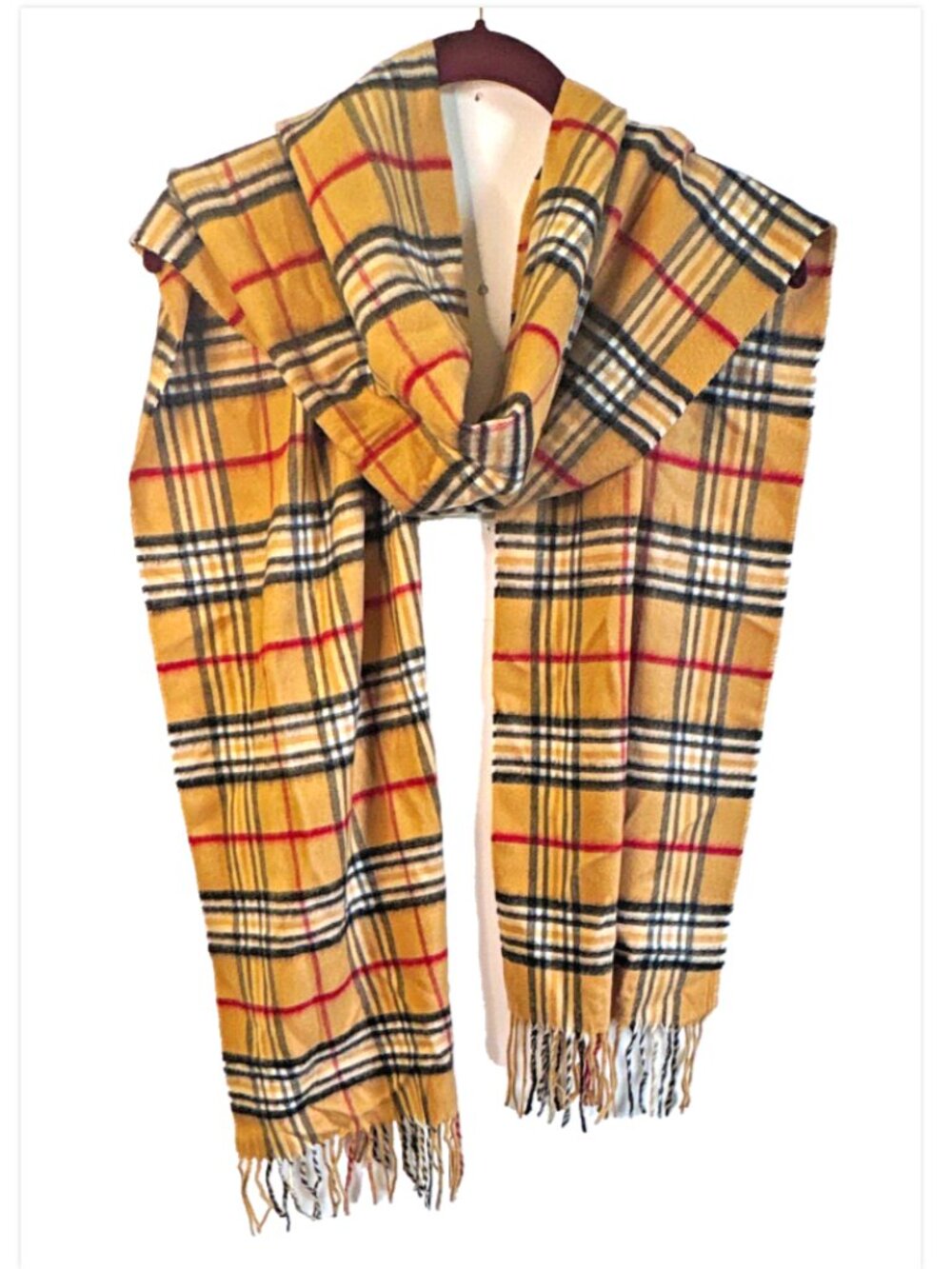 V. Fraas Tan Plaid Fringe Rectangle Scarf Cashmink Beige Black Red White